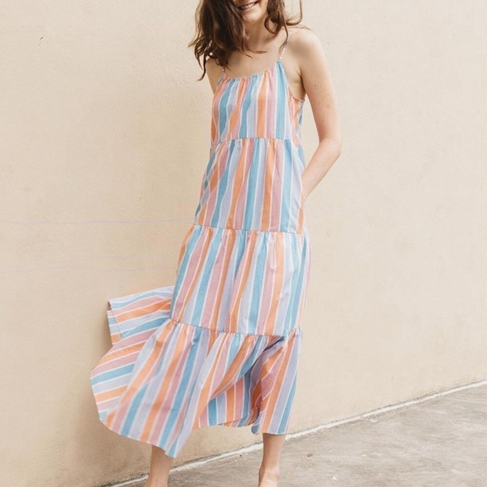 Soludos Violet Dress Maldive Stripe Tiered Maxi Blue Orange Pink XS NEW Pockets